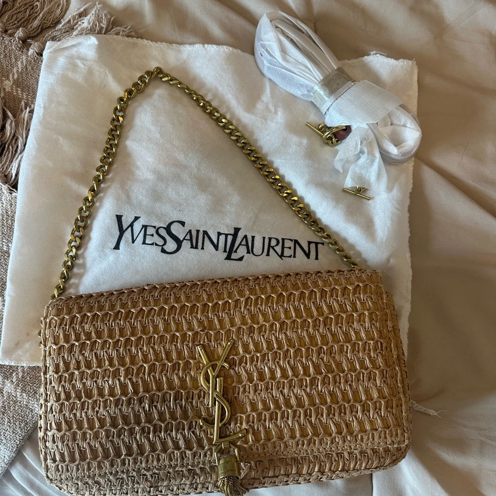 Yves Saint Laurent Natural Raffia Shoulder Bag with Gold Chain